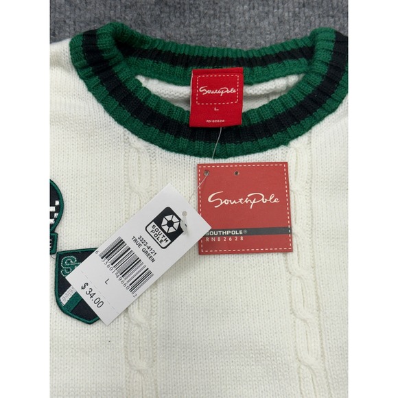 SouthPole VTG Mens White Green Athletic Crest‎ Patch Cable Knit Sweater Size L - Picture 11 of 11